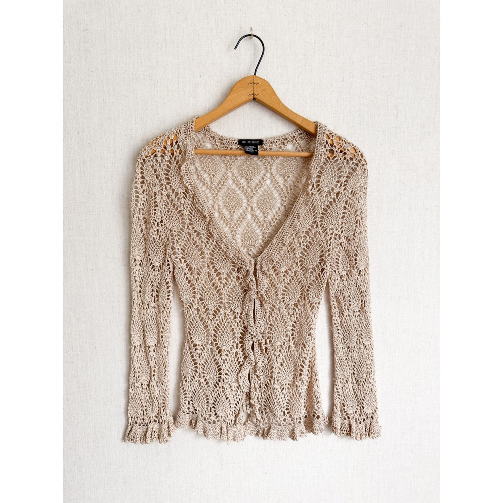 Cool Attitudes Crochet Cardigan Open Knit Boho V-Neck Large Beige Ruffle Trim